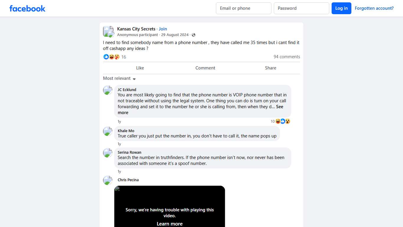 Kansas City Secrets I need to find somebody name from a phone number , they have called me 35 times but i cant find it off cashapp any ideas Facebook